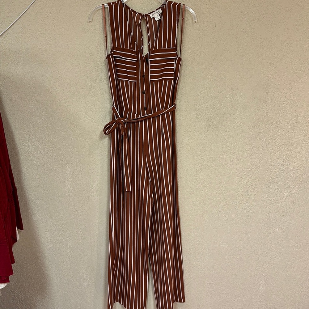 Monteau womans Rust pin striped Wide leg pant jumpsuit size small